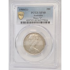 AUSTRALIA 1966 . TWENTY 20 CENTS COIN . VARIETY . WAVY 2 . PCGS XF40